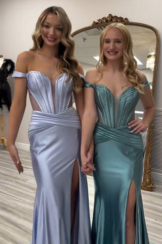Off the Shoulder Satin Mermaid Long Corset Prom Dress with Slit