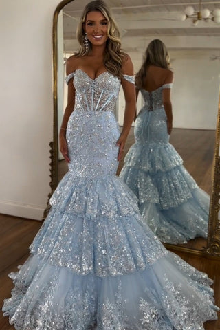 Mermaid Off the Shoulder Tulle Tiered Long Corset Prom Dress with Sequins