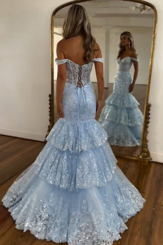 Mermaid Off the Shoulder Tulle Tiered Long Corset Prom Dress with Sequins