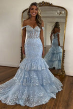 Robe de bal sirène à épaules dénudées, corset long à volants en tulle et sequins