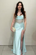 Strapless Satin Mermaid Long Corset Prom Dress with Beading