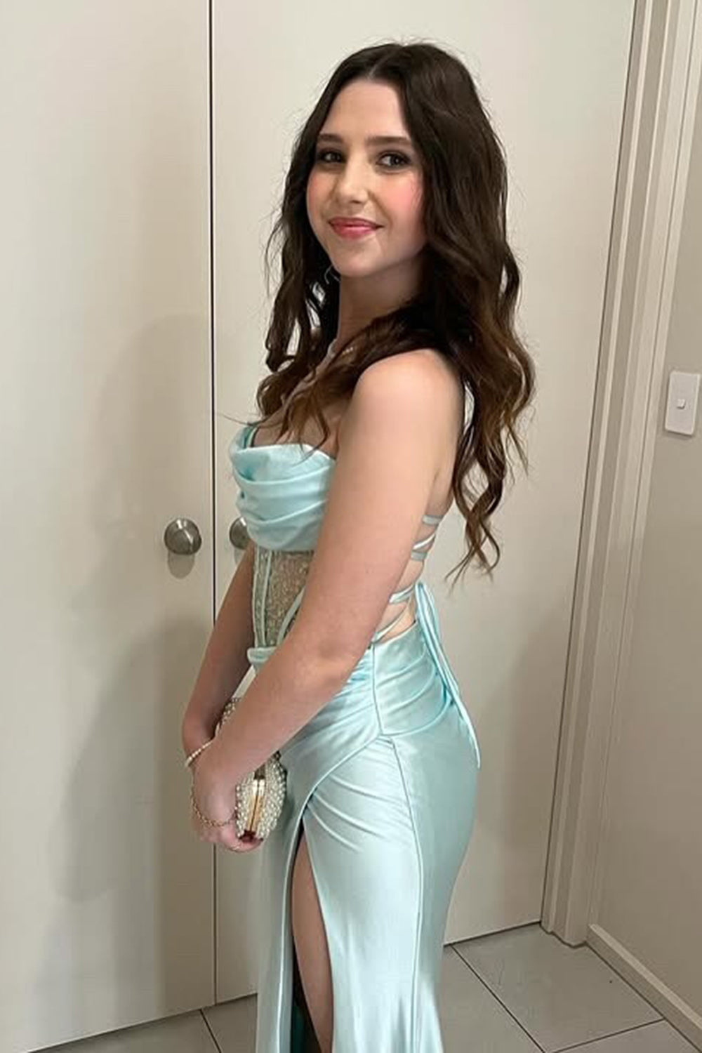 Strapless Satin Mermaid Long Corset Prom Dress with Beading