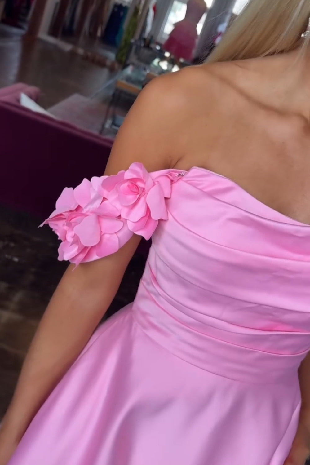 Off the Shoulder Satin A-Line Long Prom Dress with 3D Flowers