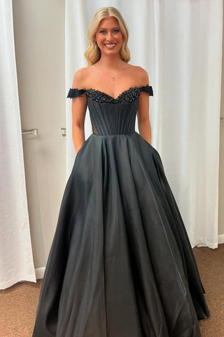 Off the Shoulder Princess Satin Long Corset Prom Dress with Beading