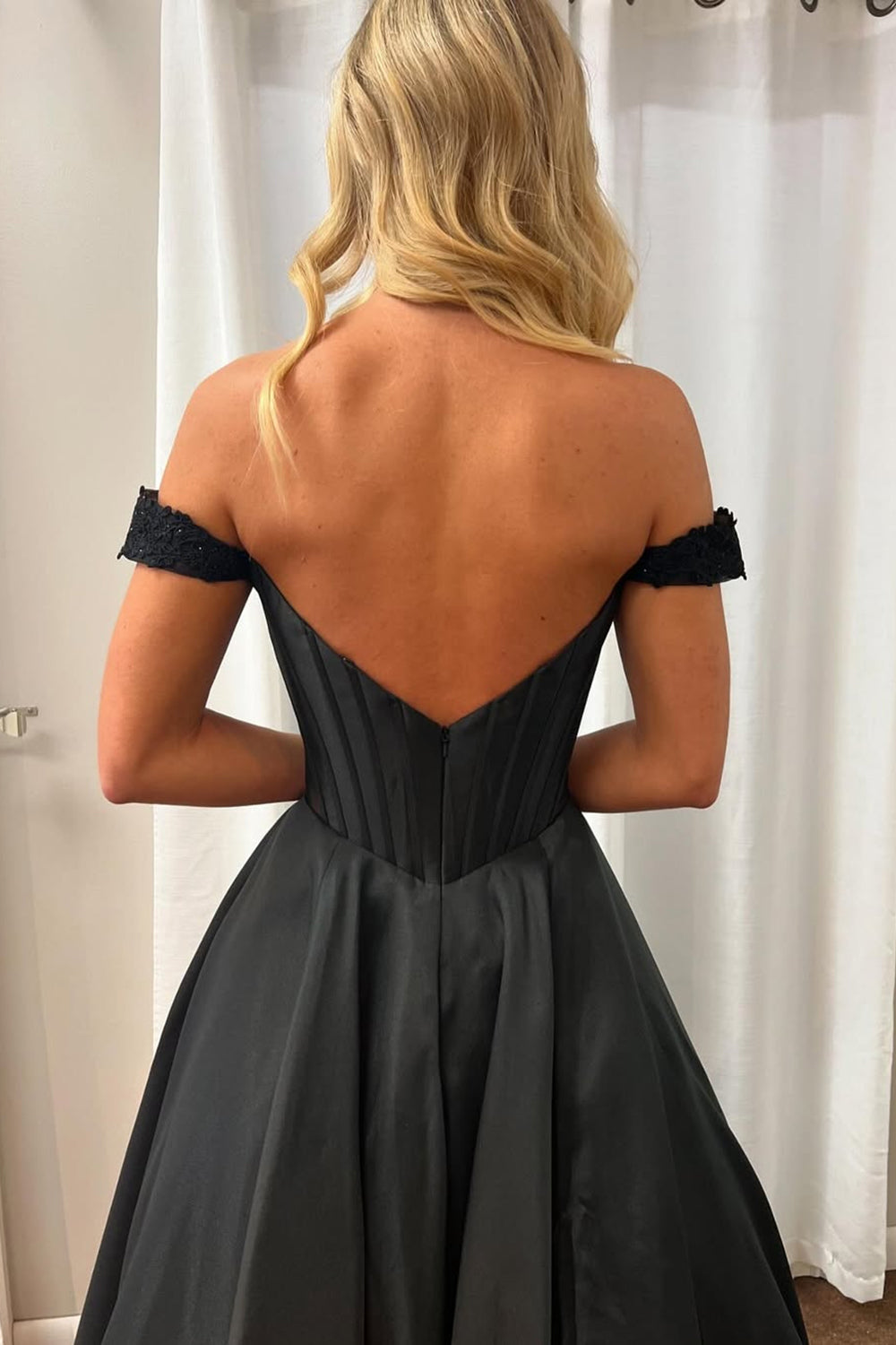 Off the Shoulder Princess Satin Long Corset Prom Dress with Beading