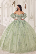 Robe de bal couleur sauge poudrée, bustier cœur, manches longues, ornée d'appliqués, pour quinceañera