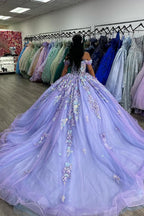 Robe de bal de quinceañera rose lavande scintillante à épaules dénudées avec appliques