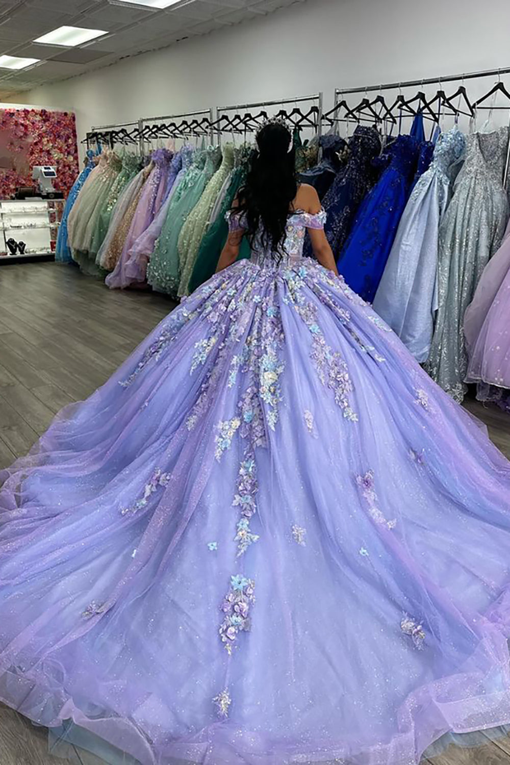 Robe de bal de quinceañera rose lavande scintillante à épaules dénudées avec appliques