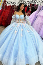 Robe de quinceañera princesse à épaules dénudées et manches longues ornée d'appliqués