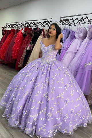 Robe de bal épaules dénudées en tulle, robe de quinceañera ornée d'appliqués