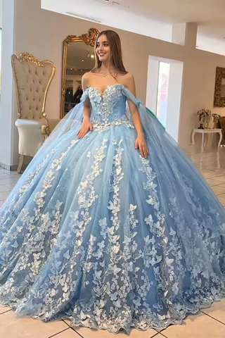 Robe de bal en tulle à épaules dénudées pour quinceañera, ornée d'appliqués