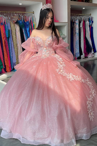 Robe de bal à épaules dénudées et manches longues, ornée d'appliqués en tulle, pour quinceañera