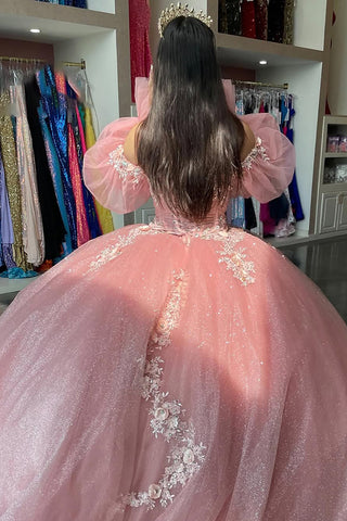 Robe de bal à épaules dénudées et manches longues, ornée d'appliqués en tulle, pour quinceañera