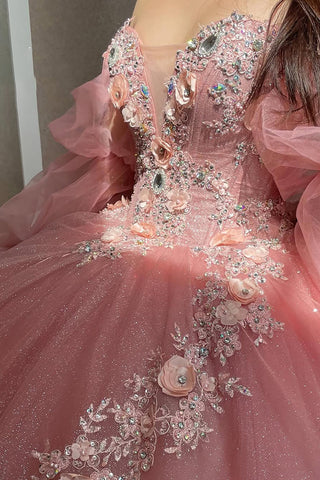 Robe de bal à épaules dénudées et manches longues, ornée d'appliqués en tulle, pour quinceañera