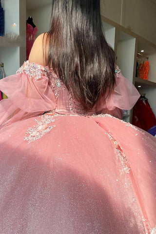Robe de bal à épaules dénudées et manches longues, ornée d'appliqués en tulle, pour quinceañera