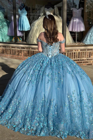 Robe de bal bustier en tulle épaules dénudées, robe de quinceañera ornée d'appliqués