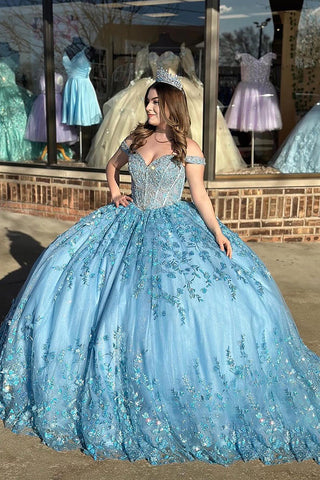 Robe de bal bustier en tulle épaules dénudées, robe de quinceañera ornée d'appliqués