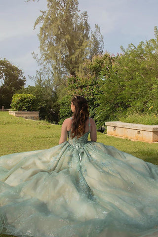 Dusty Sage Tulle Spaghetti Straps Corset Quinceanera Dress with Appliques