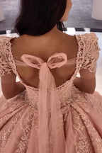 Square Neck Puff Sleeves Ball Gown Applique Quinceanera Dress with Train