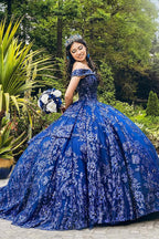 Robe de bal épaules dénudées ornée de sequins et d'appliqués pour quinceañera