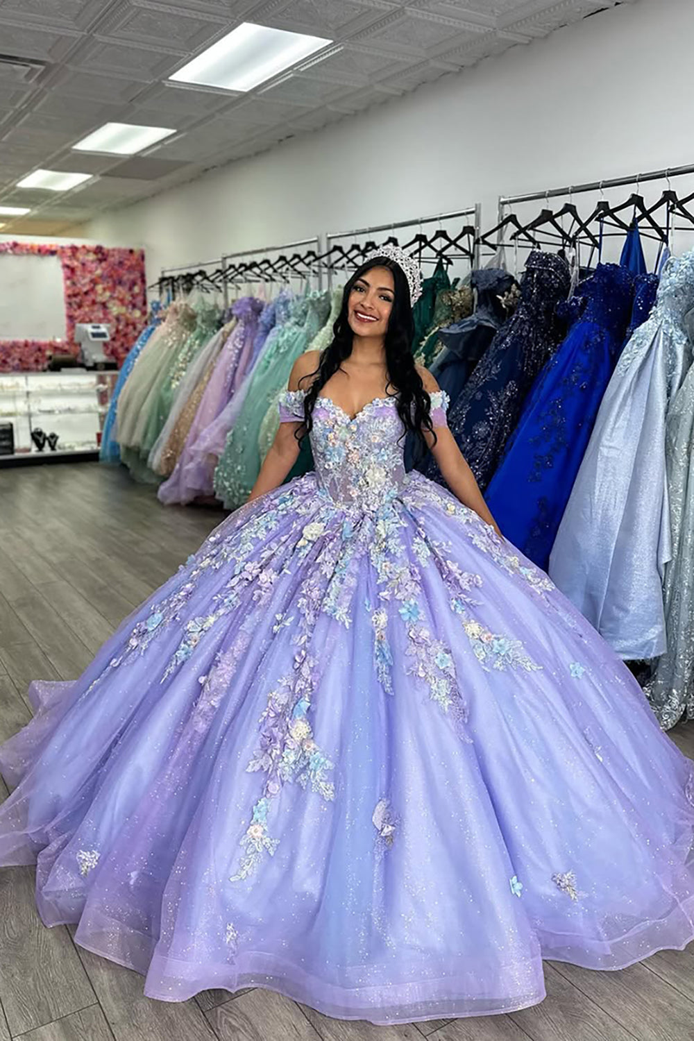 Robe de bal de quinceañera rose lavande scintillante à épaules dénudées avec appliques