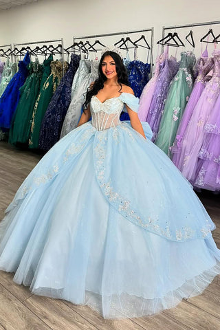 Robe de bal bleu ciel en tulle à épaules dénudées, ornée de perles, pour Quinceañera