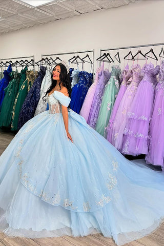 Robe de bal bleu ciel en tulle à épaules dénudées, ornée de perles, pour Quinceañera