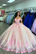 Robe de bal rose à épaules dénudées, corset en tulle appliqué, robe de quinceañera