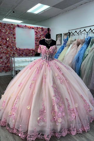 Robe de bal rose à épaules dénudées, corset en tulle appliqué, robe de quinceañera