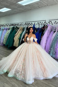 Robe de bal beige à épaules dénudées, corset, robe de quinceañera ornée d'appliqués