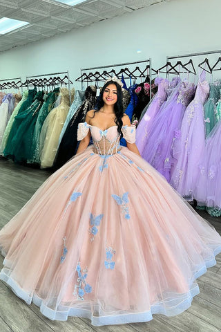 Robe de quinceañera rose et bleue à épaules dénudées, corset en tulle style princesse, ornée d'appliqués