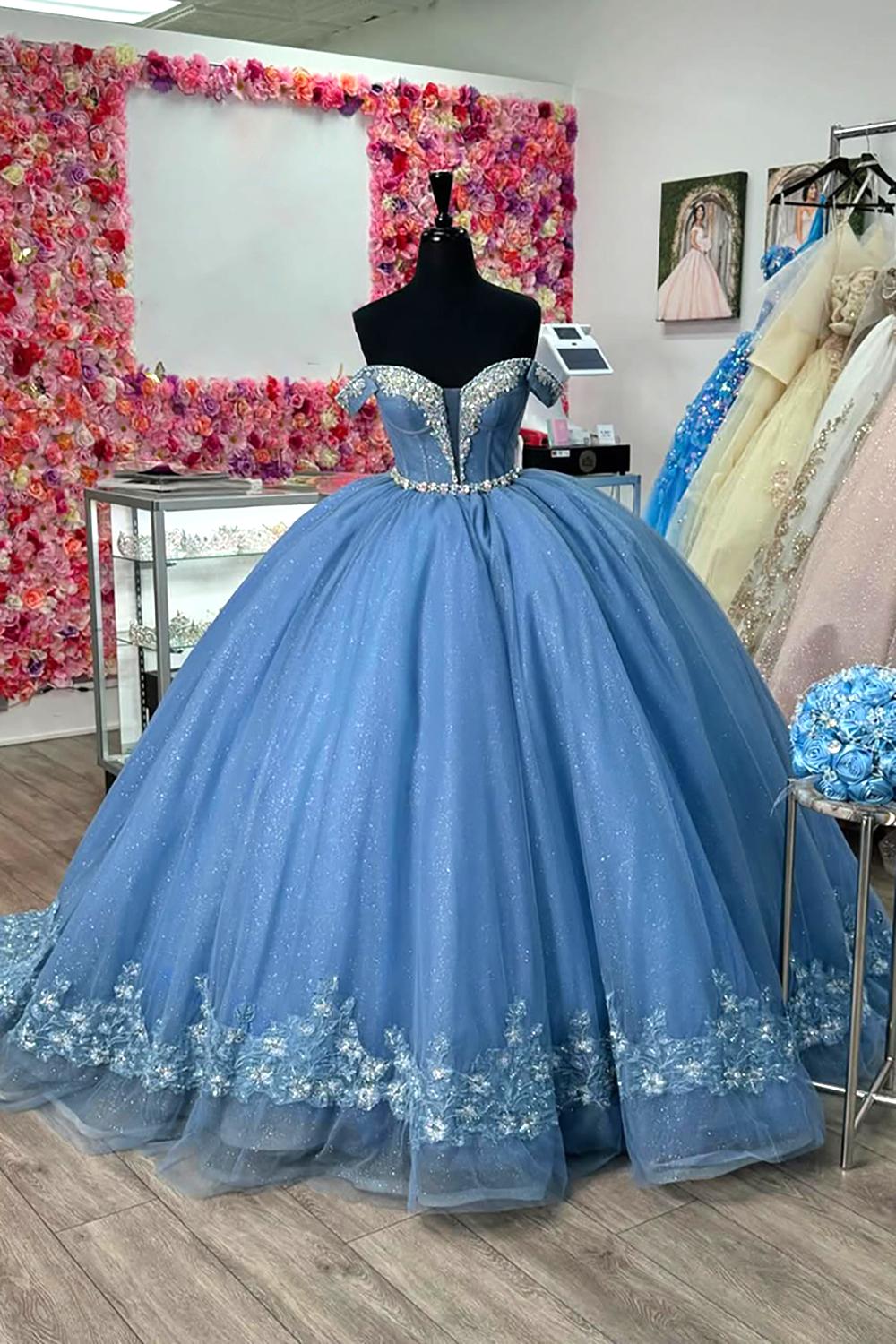 Robe de quinceañera princesse gris-bleu pailleté, épaules dénudées, en tulle ornée d'appliqués