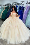 Robe de bal beige pailletée à épaules dénudées, corset appliqué, robe de quinceañera avec nœud