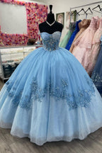 Blue Sweetheart Tulle Ball Gown Appliqued Quinceanera Dress