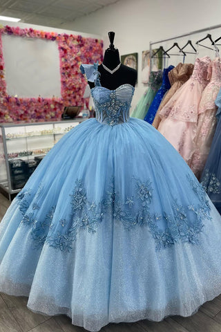 Robe de bal bleue en tulle à décolleté cœur et applications pour quinceañera