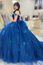 Robe de quinceañera bleu marine princesse à épaules dénudées et corset orné d'appliqués