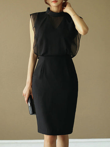 Vestidos de noche midi sueltos sin mangas de gasa calada transparente con abertura en la entrepierna, cremallera y cuello alto 