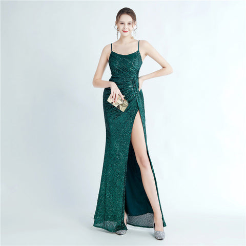 High Density Sequin Pleated Side Slit Sling Long Evening Dress