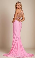 Robe de bal sirène longue en satin extensible avec fente et application de dentelle, col en V, pour femme. 