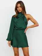 Autumn Winter Women Clothing Evening Dress: High Grade Satin One Shoulder Elegant Dress