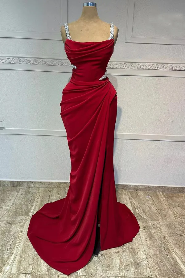 Vestido de noche formal de sirena con tirantes finos color burdeos vintage y cuentas, modelo Y7688