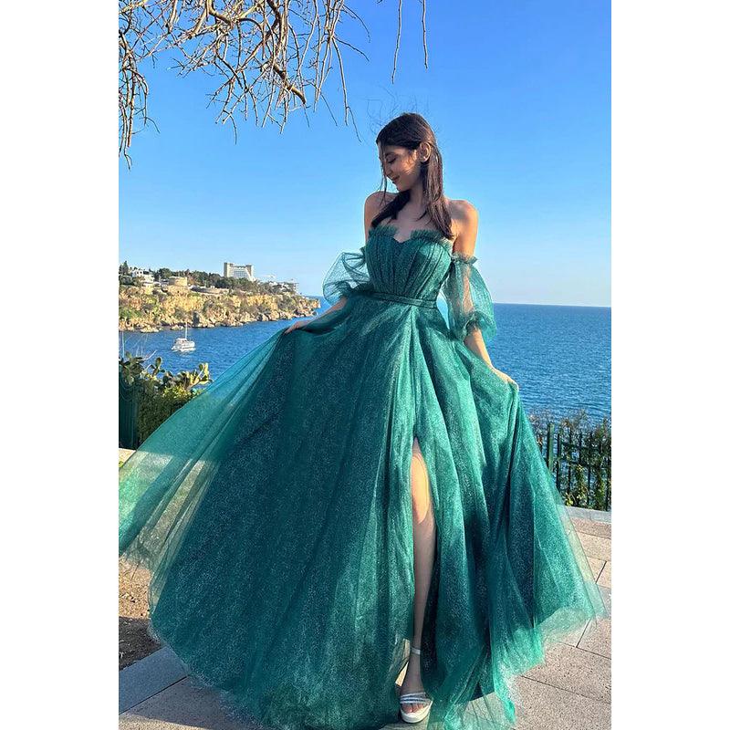 Vestido de fiesta formal de tul brillante, glamuroso y dramático, con corte en A, mangas cortas y hombros descubiertos