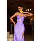 Vestido largo formal de fiesta con abertura, escote en V, apliques de encaje y corte tubo/columna