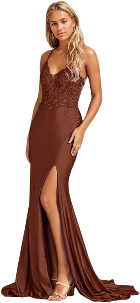 Robe de bal sirène longue en satin extensible avec fente et application de dentelle, col en V, pour femme. 