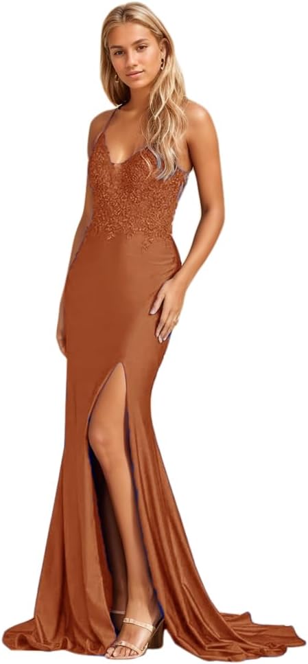 Robe de bal sirène longue en satin extensible avec fente et application de dentelle, col en V, pour femme. 