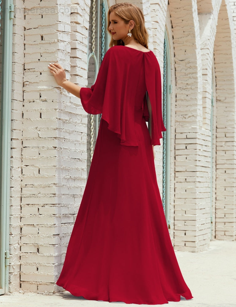 Vestido de dama de honor Sunderly para mujer, manga larga, cuello en V, de gasa, vestido formal de fiesta de boda SY28018