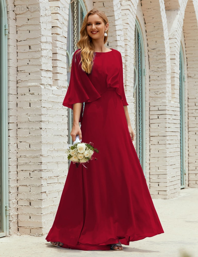 Vestido de dama de honor Sunderly para mujer, manga larga, cuello en V, de gasa, vestido formal de fiesta de boda SY28018