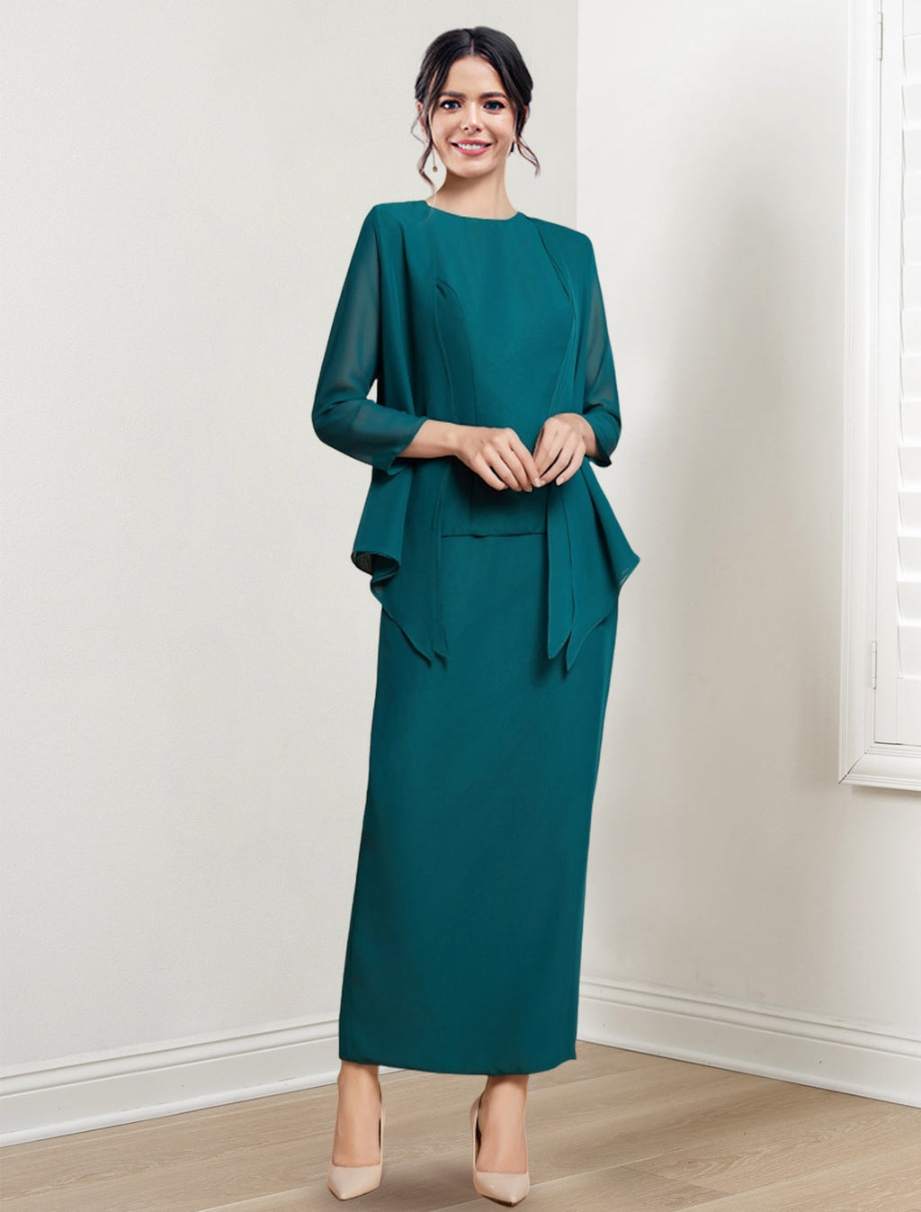 Vestidos de corte recto/columna con cuello joya y largo hasta el tobillo para la madre de la novia 