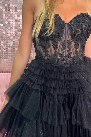 Cute A Line Sweetheart Tulle Black Short Homecoming Dresses with Appliques Y2725