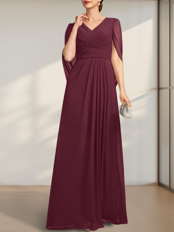 Vestido de gasa de corte A, escote en V y largo hasta el suelo para la madre de la novia, con pliegues